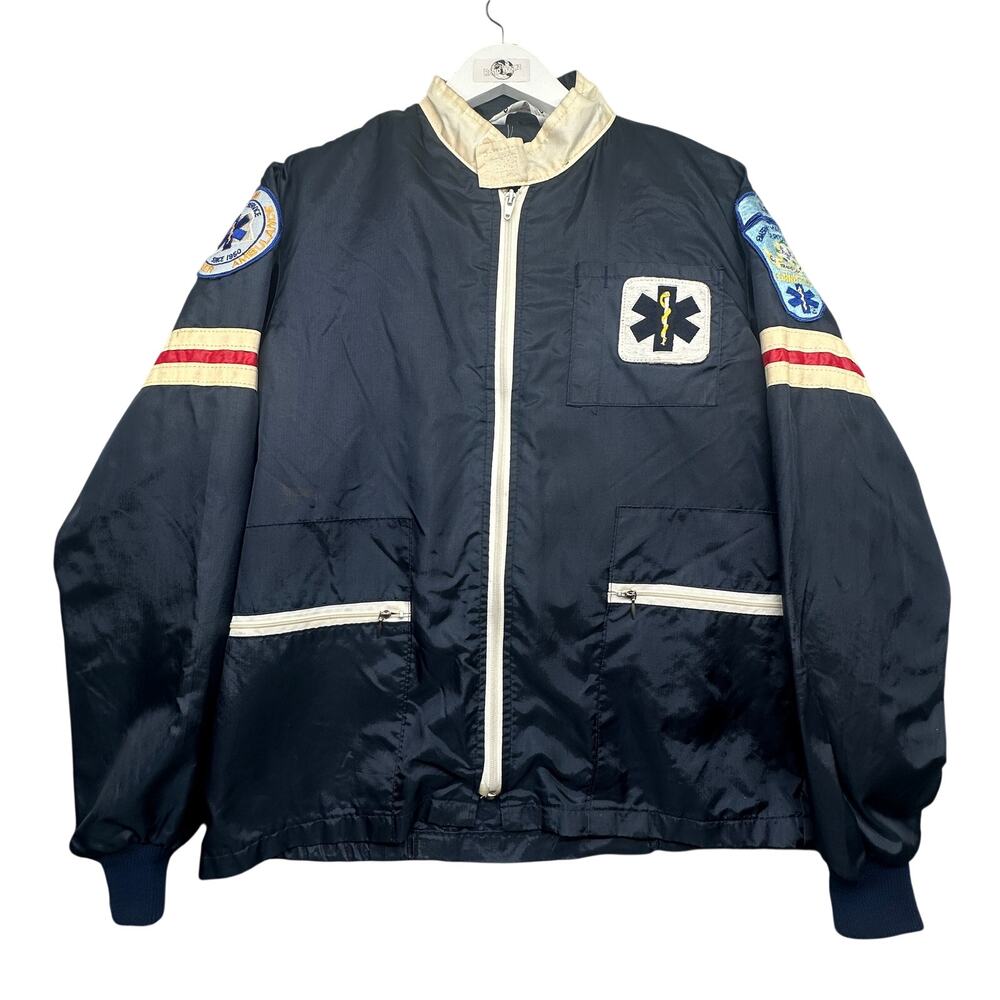 Vintage 70s DynaMed EMT Jacket Mens Small Navy Patches Full Zip Lined Removable
